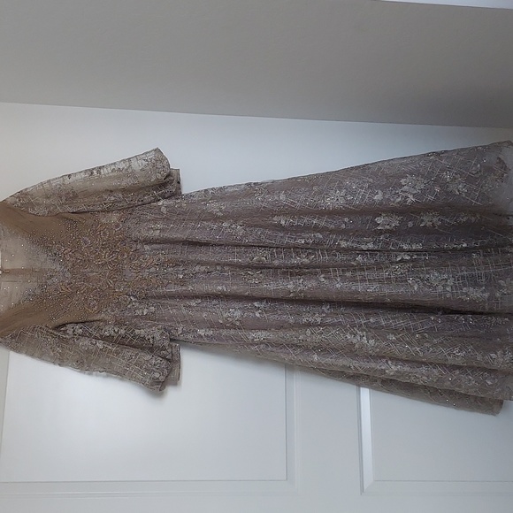 New Mac Duggal Sequin Lace Embroidery champagne colored A-line gown - Picture 4 of 7